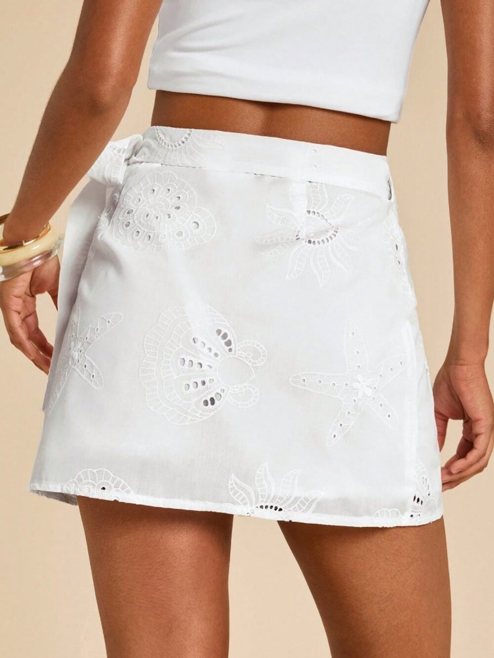 White Casual Women's Beach Vacation Eyelet Wrap Tie Waist Skirt - Picture 2 of 6